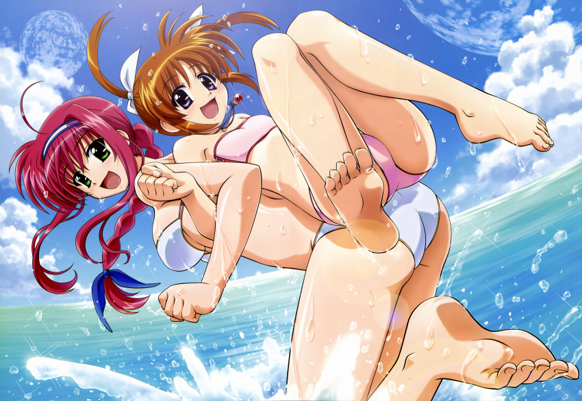 :d absurdres amitie_florian back-to-back bandeau barefoot bikini braid brown_hair cloud feet hairband highres jewelry kyrie_florian legs locked_arms lyrical_nanoha mahou_shoujo_lyrical_nanoha mahou_shoujo_lyrical_nanoha_a's_portable:_the_gears_of_destiny mahou_shoujo_lyrical_nanoha_a's mahou_shoujo_lyrical_nanoha_a's_portable:_the_gears_of_destiny moon multiple_girls necklace nyantype ocean official_art open_mouth shinozaki_akira short_twintails sky smile soles swimsuit takamachi_nanoha toes twintails water wet