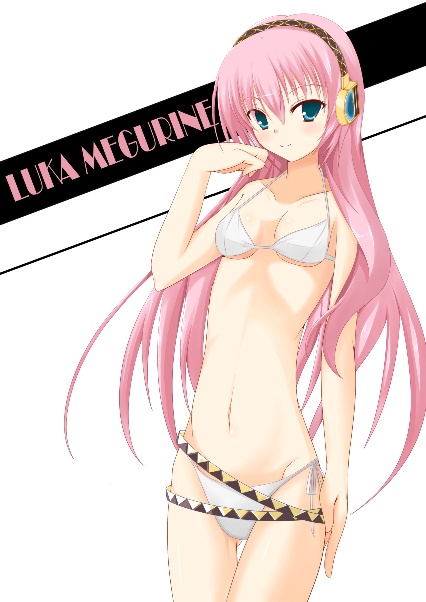 absurdres bad_anatomy belt bikini blue_eyes character_name headphones highres kotohane long_hair megurine_luka pink_hair poorly_drawn simple_background solo swimsuit vocaloid