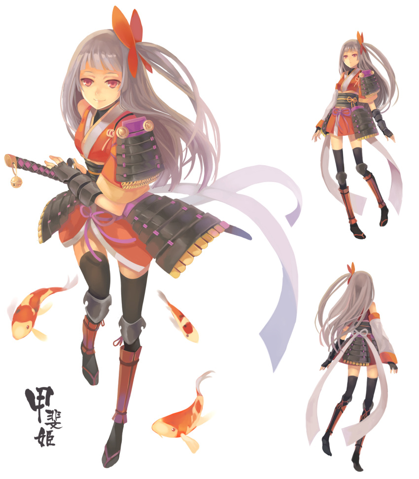armor bell black_legwear character_request fish goldfish hao_(patinnko) highres japanese_clothes katana koi kote kusazuri long_hair looking_at_viewer pink_eyes ready_to_draw sengoku_collection silver_hair simple_background smile sode solo suneate sword tabi thigh-highs thighhighs turnaround vambraces weapon
