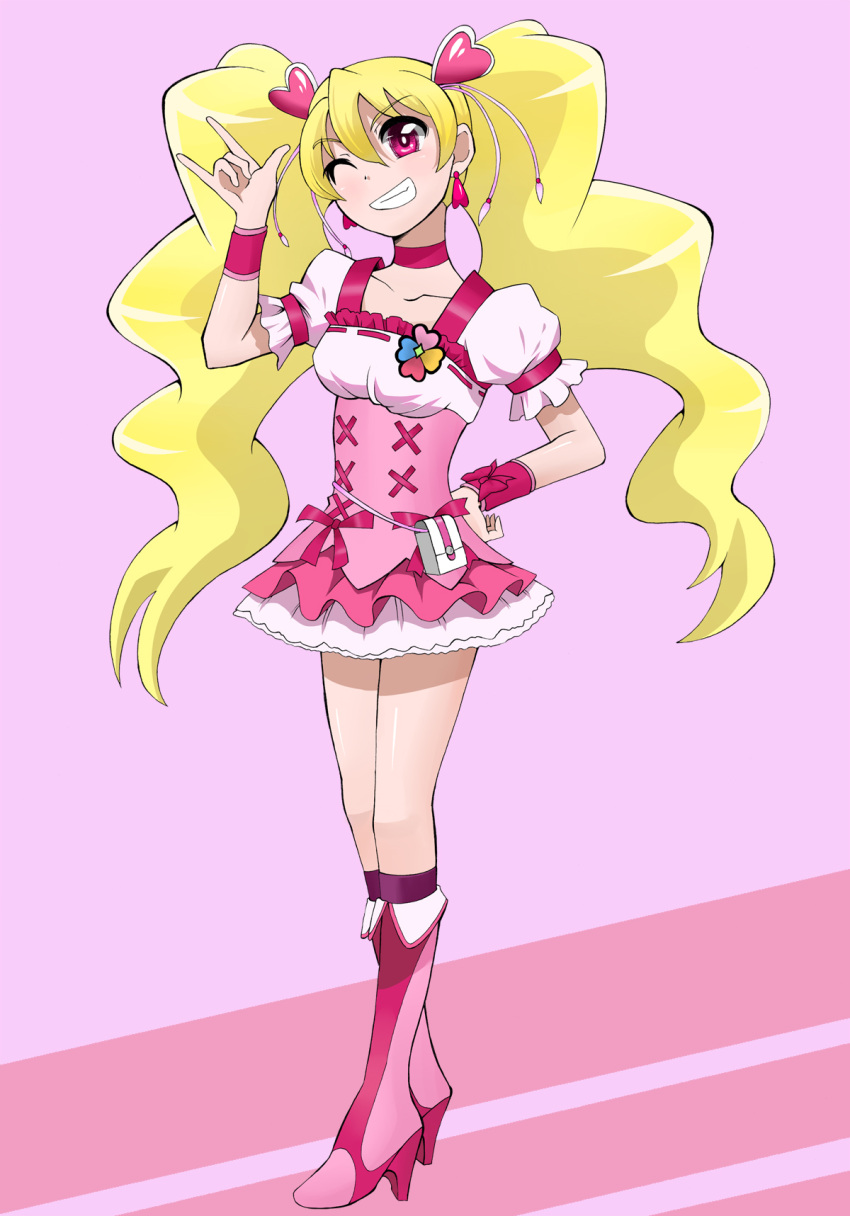 blonde_hair cure_peach fresh_precure! gyuniku hand_on_hip highres hips long_hair magical_girl momozono_love pink_background pink_eyes precure smile solo twintails wink