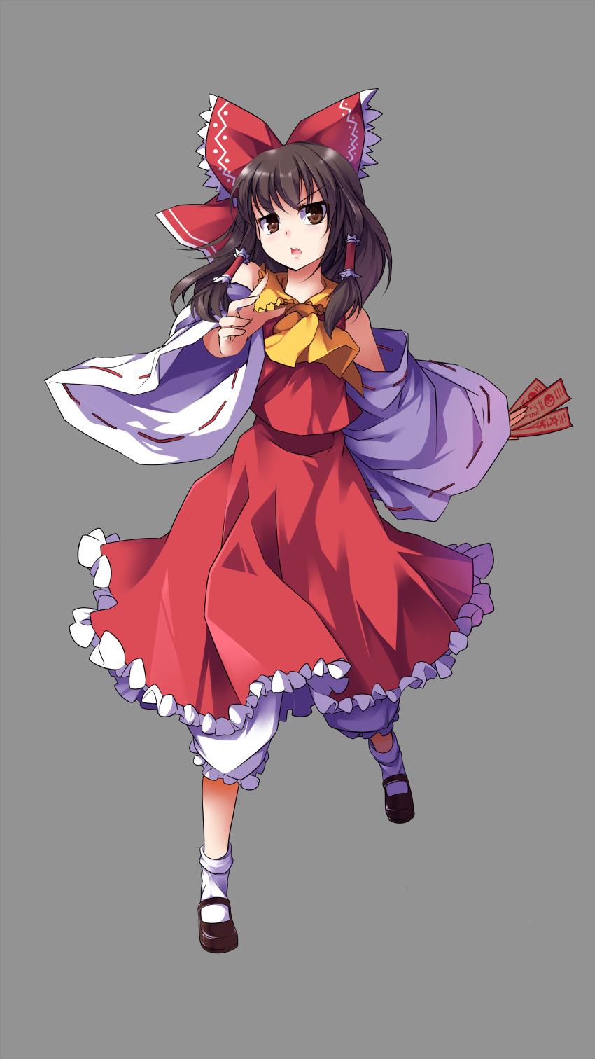 absurdres angry ascot bloomers bow brown_eyes brown_hair detached_sleeves hair_bow hair_tubes hakurei_reimu highres miko open_mouth outstretched_hand shirt simple_background sinchi skirt skirt_set solo spell_card touhou