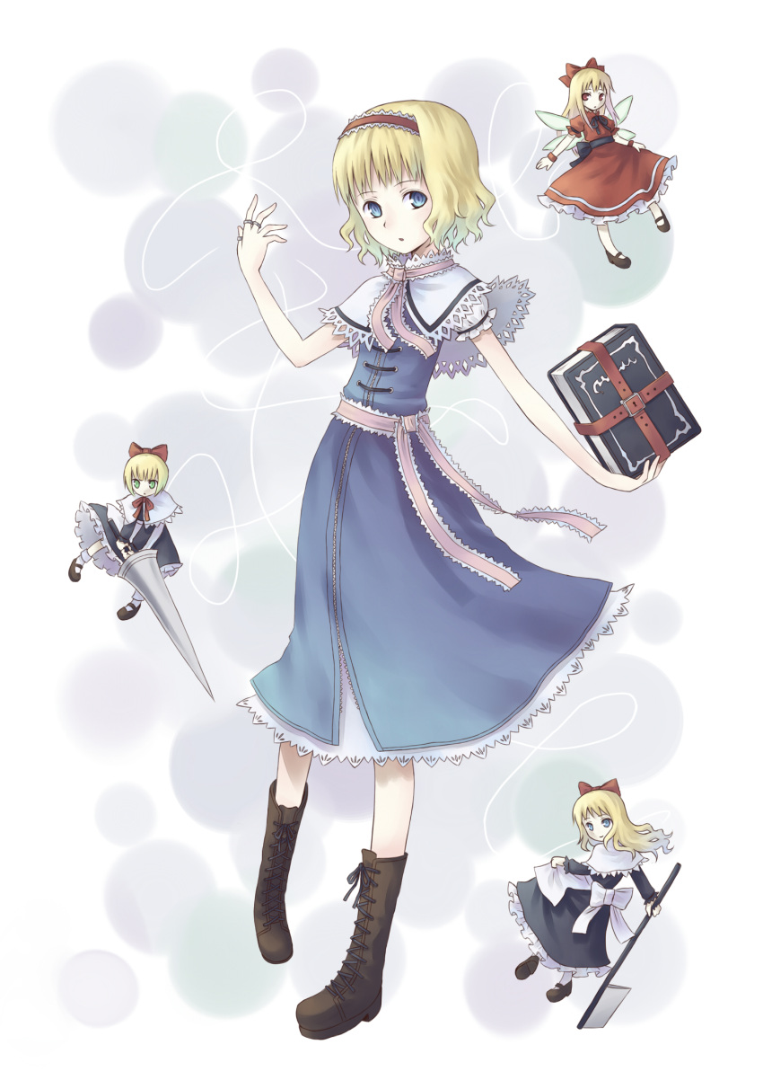 1girl alice_margatroid blonde_hair blue_eyes bob_cut book boots capelet cross-laced_footwear fairy_wings glaring green_eyes grimoire hairband highres hourai_doll knee_boots lace-up_boots lance lock long_hair polearm puppet_string puppet_strings red_eyes shanghai_doll short_hair solo touhou weapon wings zipper