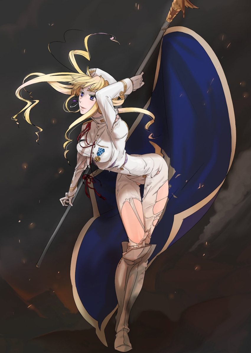 arm_up blonde_hair blue_eyes boots epaulettes flag garrison_cap gloves hat highres holding jewelry knee_boots konma long_hair macross macross_frontier macross_frontier:_sayonara_no_tsubasa medal military military_uniform sheryl_nome single_earring solo standing torn_clothes uniform white_gloves
