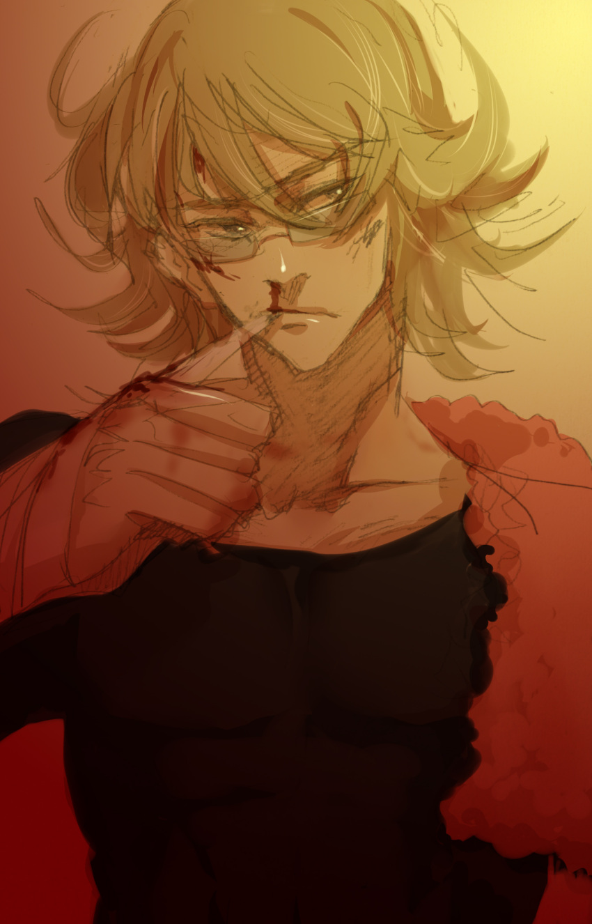 bad_id bandage bandages barnaby_brooks_jr blonde_hair blood glasses green_eyes highres male mouth_hold mrd-0203 solo t-shirt tiger_&amp;_bunny towel