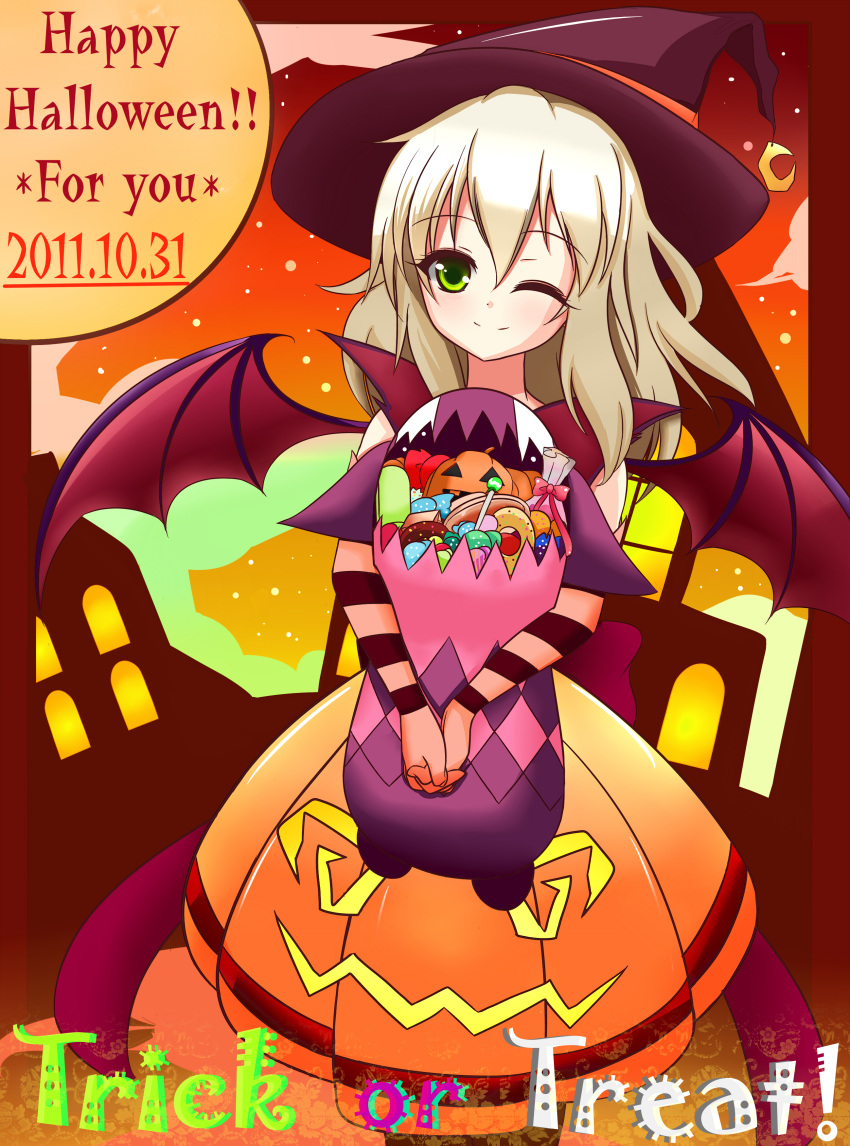 absurdres alternate_costume blonde_hair candy creature dress elise_lutas elise_lutus green_eyes halloween happy_halloween hat highres jack-o'-lantern jack-o'-lantern long_hair orange_dress pumpkin tales_of_(series) tales_of_xillia tipo_(xillia) tippo trick_or_treat wings wink witch witch_hat zelf