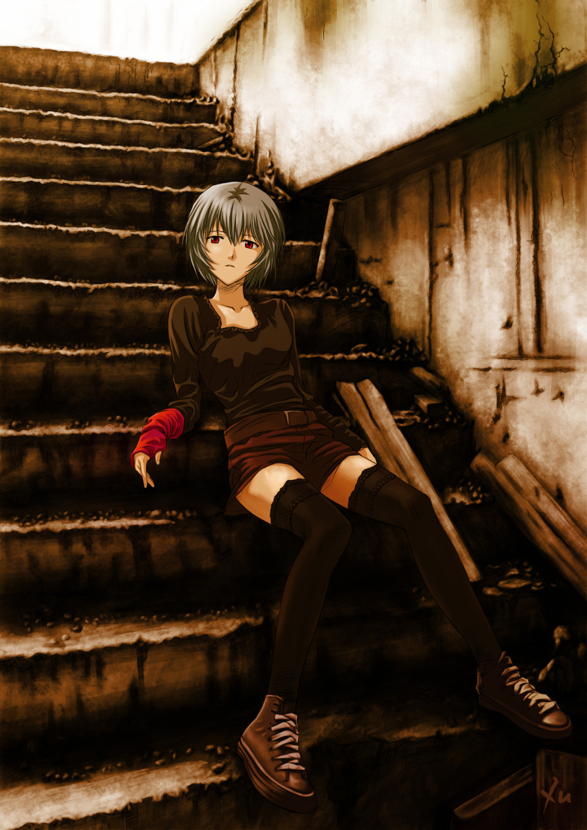 arm_warmers ayanami_rei belt black_legwear blouse blue_hair casual heiyuen highres looking_at_viewer neon_genesis_evangelion red_eyes shoes short_hair shorts signature sitting sitting_on_stairs sneakers solo stairs thigh-highs thighhighs zettai_ryouiki