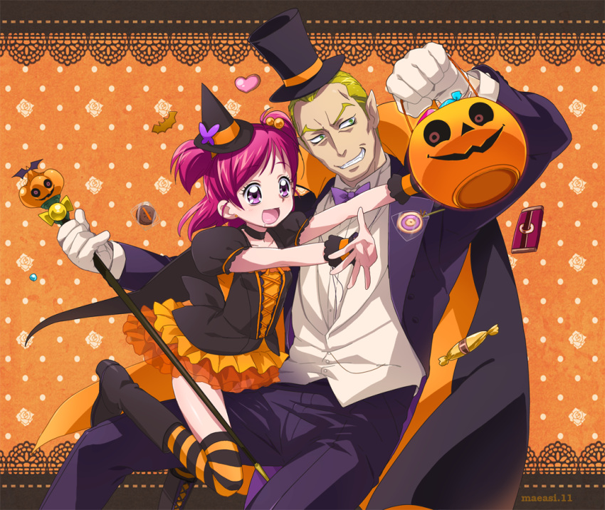 1girl :d black_legwear blonde_hair blue_eyes boots bunbee candy cape dress formal grin halloween happy hat height_difference jack-o'-lantern jack-o'-lantern maeashi open_mouth orange_background orange_dress orange_legwear pants pink_hair pointy_ears precure pumpkin purple_eyes short_hair short_twintails smile striped striped_legwear suit thigh-highs thighhighs top_hat twintails two_side_up violet_eyes wand witch_hat yes!_precure_5 yumehara_nozomi