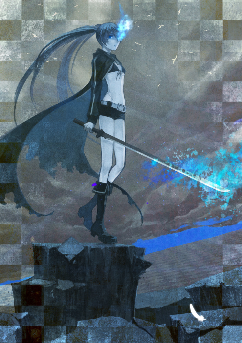 absurdres ao_(sodalite) bikini_top black_rock_shooter black_rock_shooter_(character) blue_eyes blue_fire blue_flame blue_hair boots checkered checkered_background coat fire glowing glowing_eyes highres long_hair midriff short_shorts shorts solo sword twintails very_long_hair weapon
