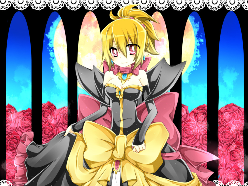 blonde_hair bow breasts disgaea dress earrings flower full_moon hair_up jewelry makai_senki_disgaea_2 moon red_eyes red_rose ribbon rose rozalin shikito short_hair smile solo