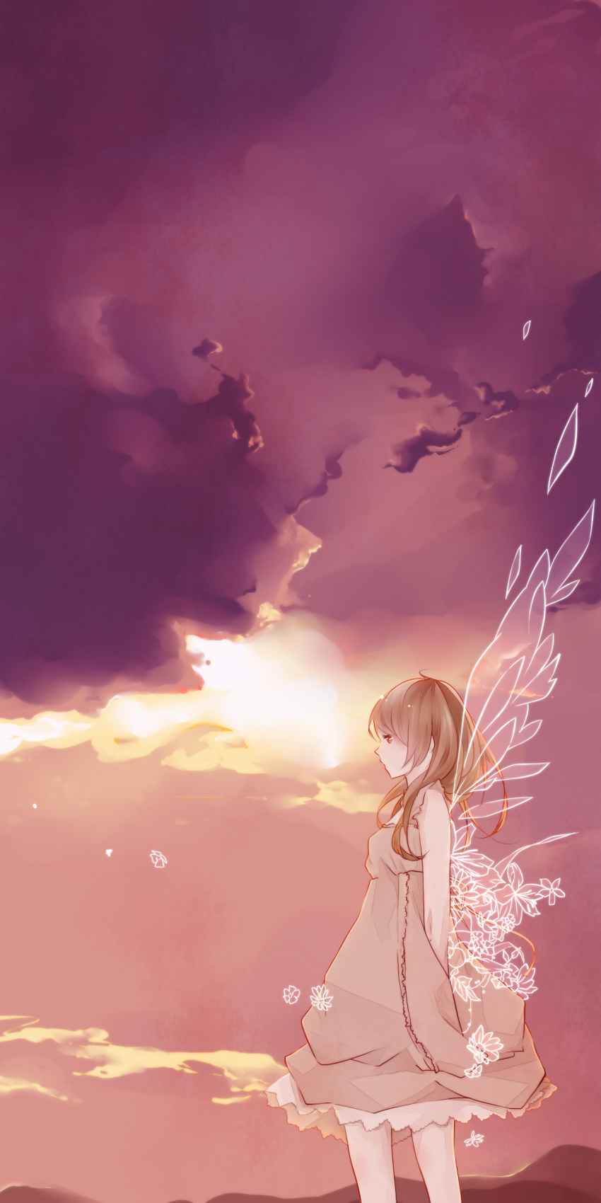 bad_id brown_eyes brown_hair cloud dress flower highres original profile sekii sky sleeveless sleeveless_dress solo wings