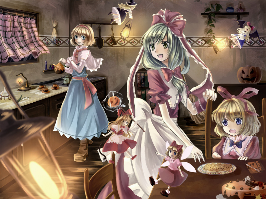 animal_ears apron bat_wings blonde_hair blue_dress blue_eyes bow cake capelet cat_ears cat_tail chair character_doll cookie cup dragon_quest dress flying food frills green_eyes green_hair hair_bow hair_ribbon halloween hat highres hourai_doll kagiyama_hina kemonomimi_mode king_slime kirisame_marisa kitchen medicine_melancholy miyakure open_mouth plate pointing pumpkin ribbon sash shanghai_doll shirt skirt slime_(dragon_quest) smile solid_circle_eyes su-san table tail teacup teapot touhou whiskers window wings witch witch_hat
