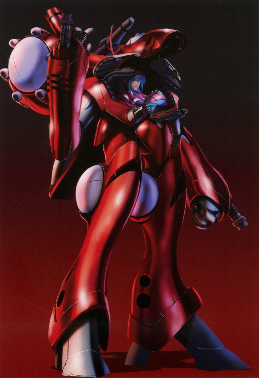 alien bandana blue_hair bodysuit cannon cockpit giantess green_eyes helmet highres klan_klein macross macross_frontier mecha meltrandi official_art power_armor production_art queadluun-rea s.m.s. scan science_fiction tenjin_hidetaka zentradi