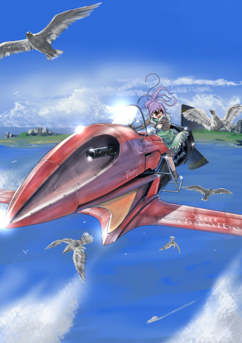 absurdres aircraft bird cloud flying foreshortening goggles gun highres long_hair ocean open_mouth original ponytail purple_hair raybar shorts shorts_under_skirt skirt sky smile solo weapon