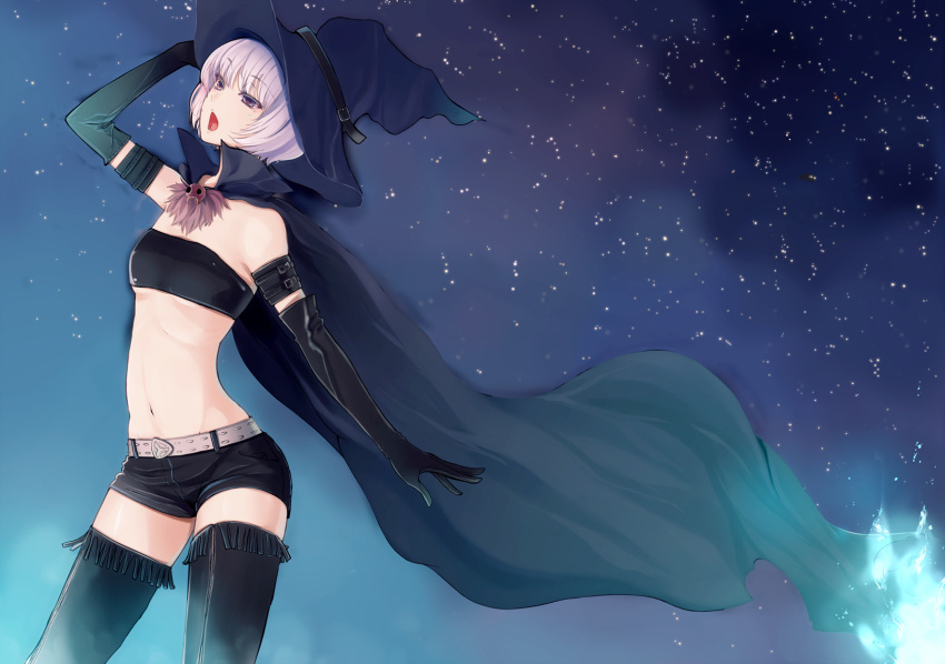 beauty_mark belt black_legwear black_thighhighs cape elbow_gloves female gloves halloween hand_on_hat hareno_chiame hat highres midriff mole navel night open_mouth original purple_eyes purple_hair short_hair short_shorts shorts solo star_(sky) thigh-highs thighhighs tube_top tubetop violet_eyes white_hair witch witch_hat