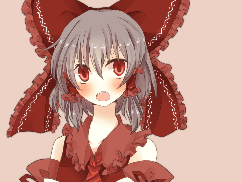 ascot bad_id blush bow brown_eyes brown_hair detached_sleeves dress hair_bow hair_tubes hakurei_reimu highres miko open_mouth pasutel red_dress red_eyes simple_background solo touhou
