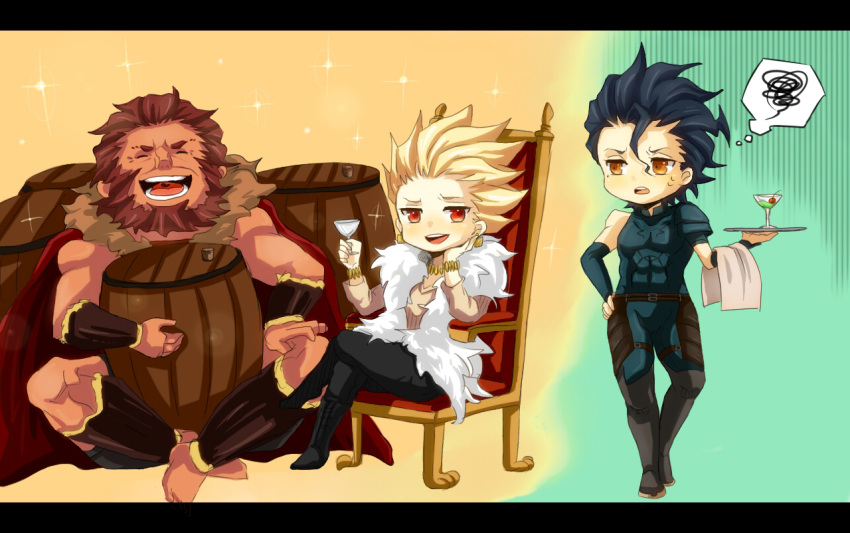 barrel beard black_hair blonde_hair bracelet cape chibi cup earrings facial_hair fate/stay_night fate/zero fate_(series) fur_coat gilgamesh jewelry komehaze lancer_(fate/zero) letterboxed male mole multiple_boys necklace red_eyes red_hair redhead rider_(fate/zero) short_hair waiter wine_glass yellow_eyes