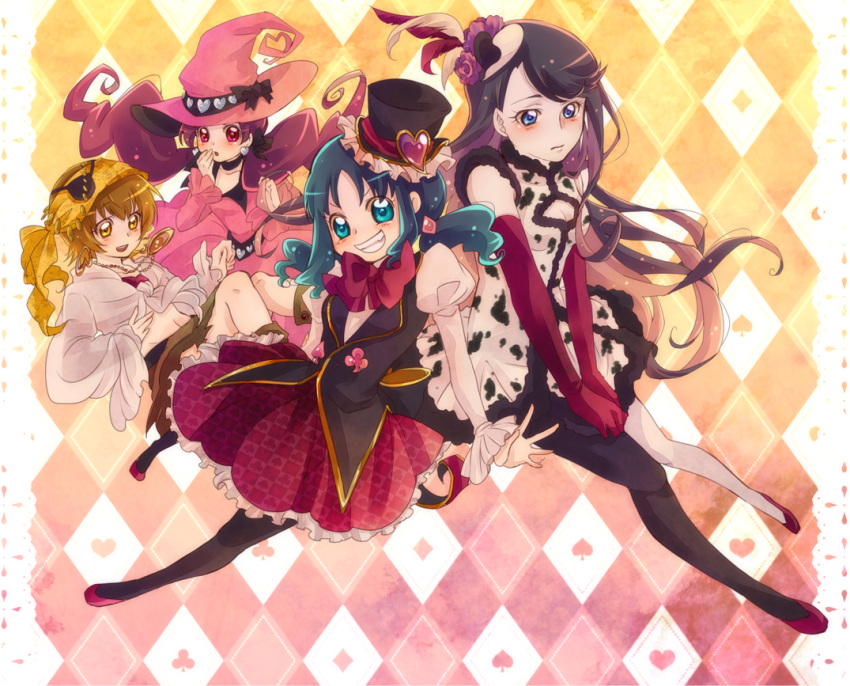 argyle argyle_background bandana black_legwear blue_eyes blue_hair bow brown_eyes brown_hair dress earrings elbow_gloves eyepatch gloves grin halloween hanasaki_tsubomi hat heartcatch_precure! jewelry kamabo_ko kurumi_erika long_hair mismatched_legwear multiple_girls myoudouin_itsuki pantyhose precure purple_hair red_eyes red_hair redhead ribbon shoes short_hair smile top_hat tsukikage_yuri twintails v_arms white_legwear witch_hat