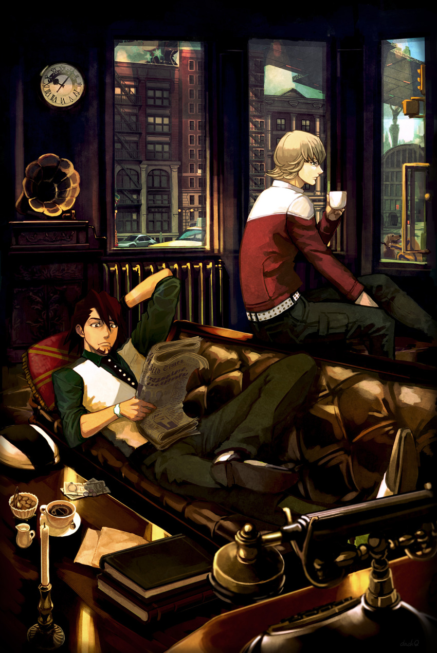 barnaby_brooks_jr billboard blonde_hair blue_rose_(tiger_&amp;_bunny) book brown_eyes brown_hair candle cityscape clock coffee couch cup dackq facial_hair food glasses green_eyes highres huang_baoling jacket kaburagi_t_kotetsu karina_lyle male multiple_boys necktie newspaper origami_cyclone phone phonogram phonograph red_jacket scenery short_hair stubble tiger_&amp;_bunny vest waistcoat