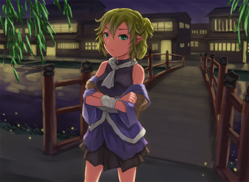bare_shoulders blonde_hair bridge building crossed_arms detached_sleeves green_eyes kurione_(zassou) mizuhashi_parsee pointy_ears river shirt short_hair skirt sleeveless sleeveless_shirt solo touhou water wristband