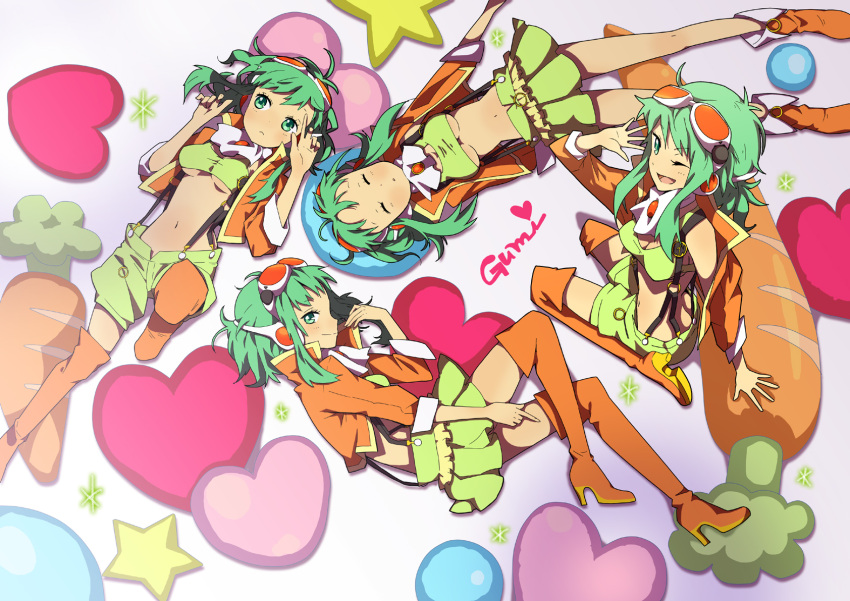 boots breasts carrot closed_eyes eyes_closed goggles green_eyes green_hair gumi headphones heart highres lying megpoid_(vocaloid3) midriff multiple_girls multiple_persona navel on_side shorts skirt suspenders thigh-highs thigh_boots thighhighs ukke under_boob underboob vocaloid wink zettai_ryouiki