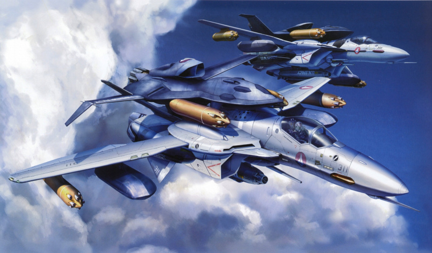 flying ghost_drone gunpod highres kudou_shin macross macross_zero mecha missile qf-2001 realistic roy_focker scan science_fiction tenjin_hidetaka u.n._spacy vf-0