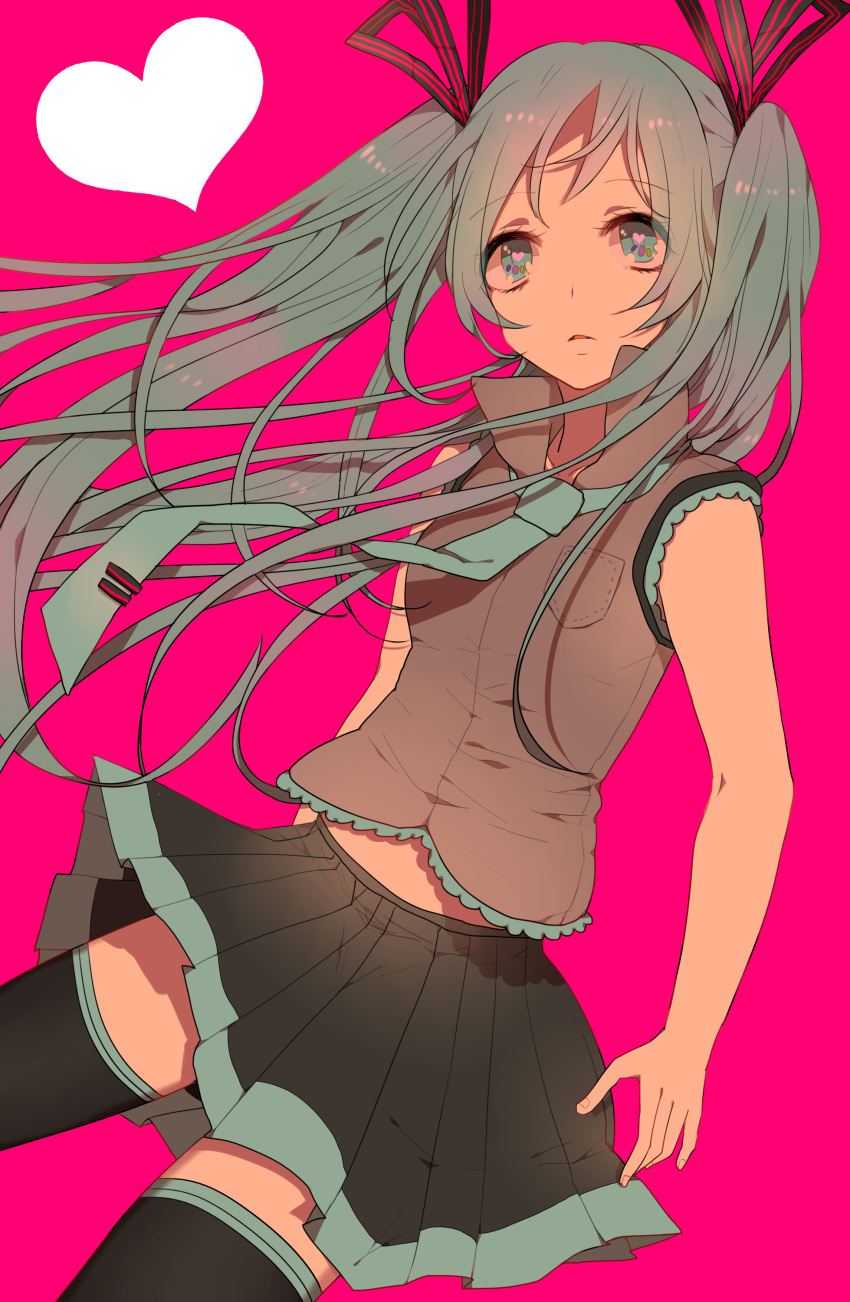 absurdres freely_tomorrow_(vocaloid) green_eyes green_hair hatsune_miku heart heart-shaped_pupils highres koko_(pixiv56390) long_hair necktie popped_collar simple_background skirt solo symbol-shaped_pupils thigh-highs thighhighs twintails vocaloid