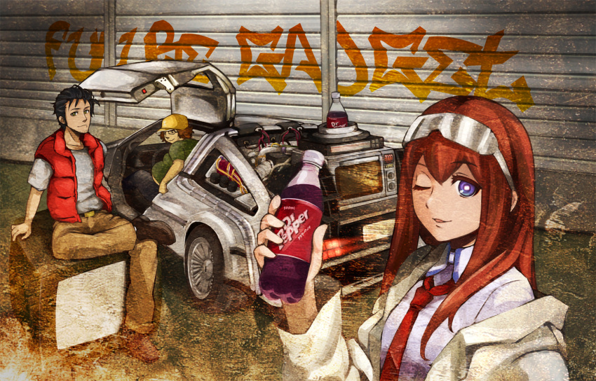 back_to_the_future blue_eyes bottle car cosplay crossover delorean dr._pepper dr_pepper emmett_brown emmett_brown_(cosplay) english hashida_itaru life_vest makise_kurisu marty_mcfly marty_mcfly_(cosplay) microwave motor_vehicle necktie okabe_rintarou parody red_hair steins;gate sunglasses time_machine vehicle