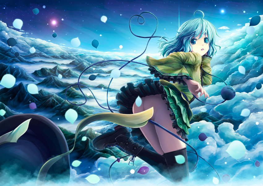1girl akashio_(loli_ace) ass black_legwear boots censored clouds convenient_censoring eyeball frilled_skirt green_eyes green_hair hat hat_removed hat_ribbon headwear_removed heart heart_of_string hill komeiji_koishi layered_skirt mountain open_mouth petals ribbon short_hair sky solo thigh-highs third_eye touhou undone wide_sleeves