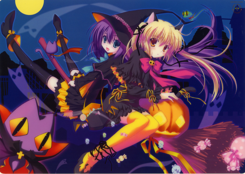 broom cat_ears copyright_request dress halloween hat highres kokonobi nanao_naru thigh-highs thighhighs witch witch_hat