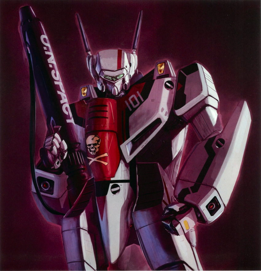 gunpod highres jolly_roger macross macross:_the_first mecha official_art pose production_art realistic scan science_fiction skull_and_crossbones solo tenjin_hidetaka u.n._spacy vf-1 vf-1j