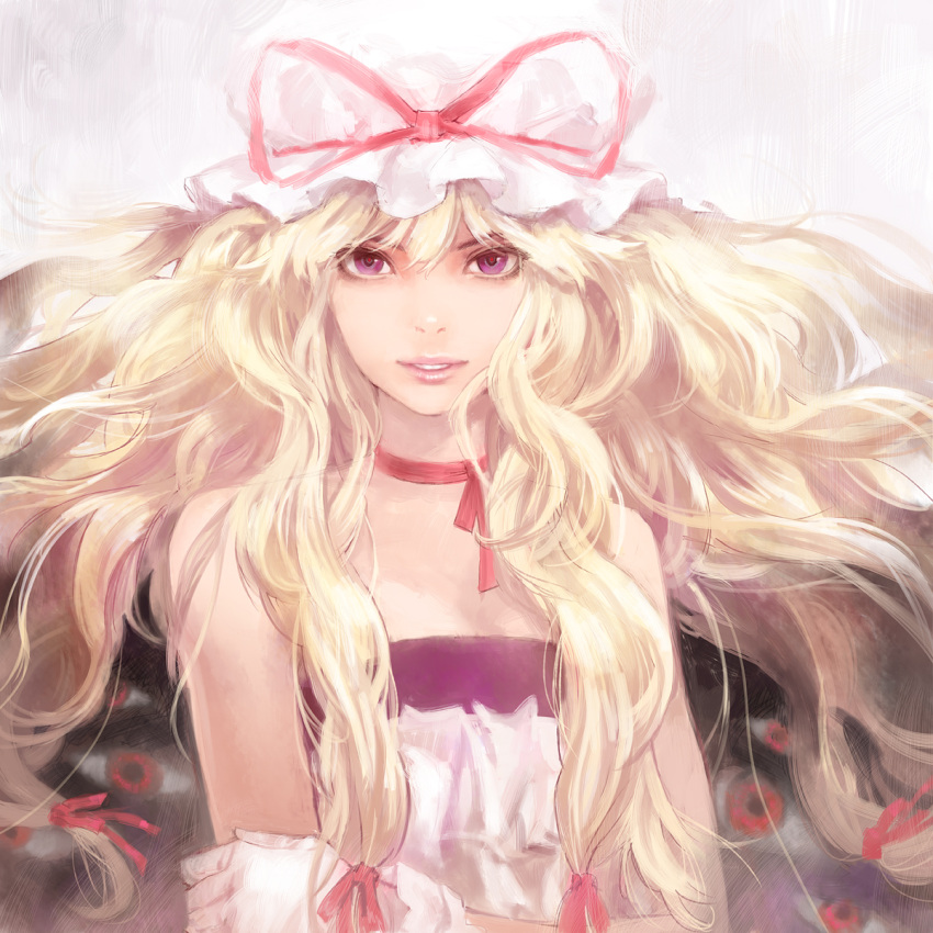 adapted_costume bare_shoulders blonde_hair bow bust choker eyelashes face floating_hair gap gloves hair_bow hair_ribbon highres holding_arm lips lipstick long_hair looking_at_viewer makeup matsuda_(matsukichi) matsukichiii purple_eyes realistic ribbon ribbon_choker smile solo touhou violet_eyes yakumo_yukari