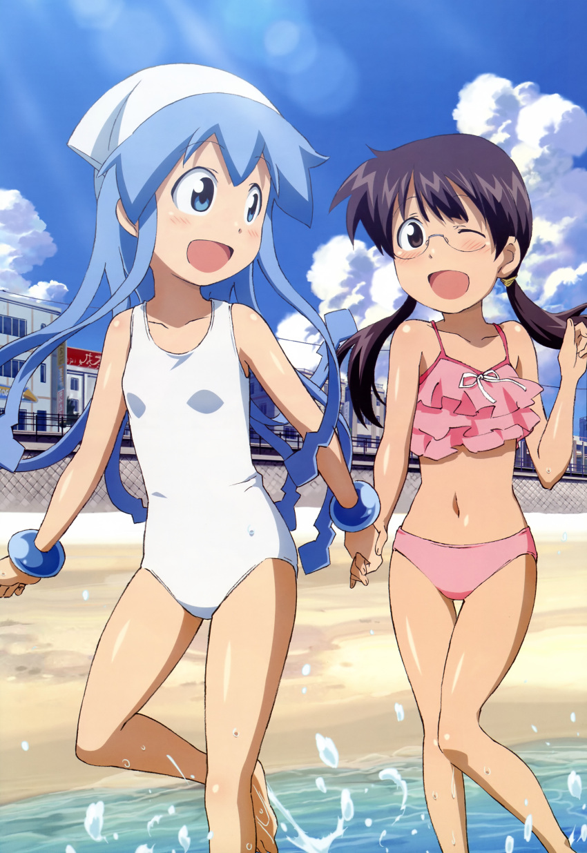 ;d absurdres beach bikini blue_eyes blue_hair blush bracelet brown_hair frilled_bikini frills glasses hand_holding hat highres holding_hands ikamusume jewelry long_hair one-piece_swimsuit open_mouth sakura_kiyomi shinryaku!_ikamusume smile swimsuit tentacle_hair translated twintails water wink