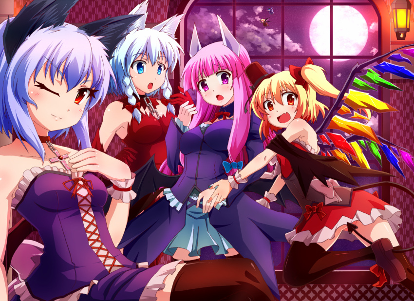 alternate_costume animal_ears bat_wings black_legwear blonde_hair blue_dress blue_eyes bow braid byoubyou cat_ears censored chain chains choker cirno cloud collar convenient_censoring cross demon_tail dress elbow_gloves fang flandre_scarlet full_moon gloves hair_bow hat highres izayoi_sakuya kemonomimi_mode moon multiple_girls night open_mouth patchouli_knowledge pink_hair red_dress red_eyes red_gloves remilia_scarlet rumia shirt shoulderless_dress side_ponytail silver_hair skirt sky smile star_(sky) strapless_dress tail the_embodiment_of_scarlet_devil thigh-highs thighhighs top_hat touhou twin_braids window wings wrist_cuffs wrist_ribbon youkai zettai_ryouiki