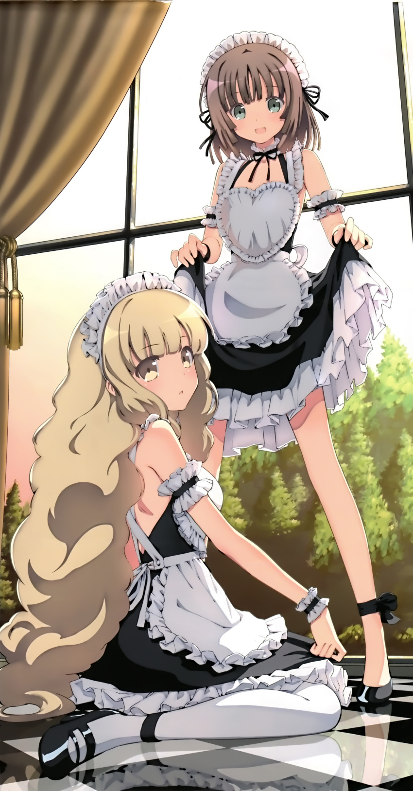 :d absurdres apron arm_garter blonde_hair bou brown_hair checkered checkered_floor copyright_request curtains detached_collar green_eyes high_heels highres long_hair maid maid_headdress multiple_girls open_mouth reflection reflective_floor shoes short_hair sitting skirt_hold smile standing wariza white_legwear wrist_cuffs yellow_eyes