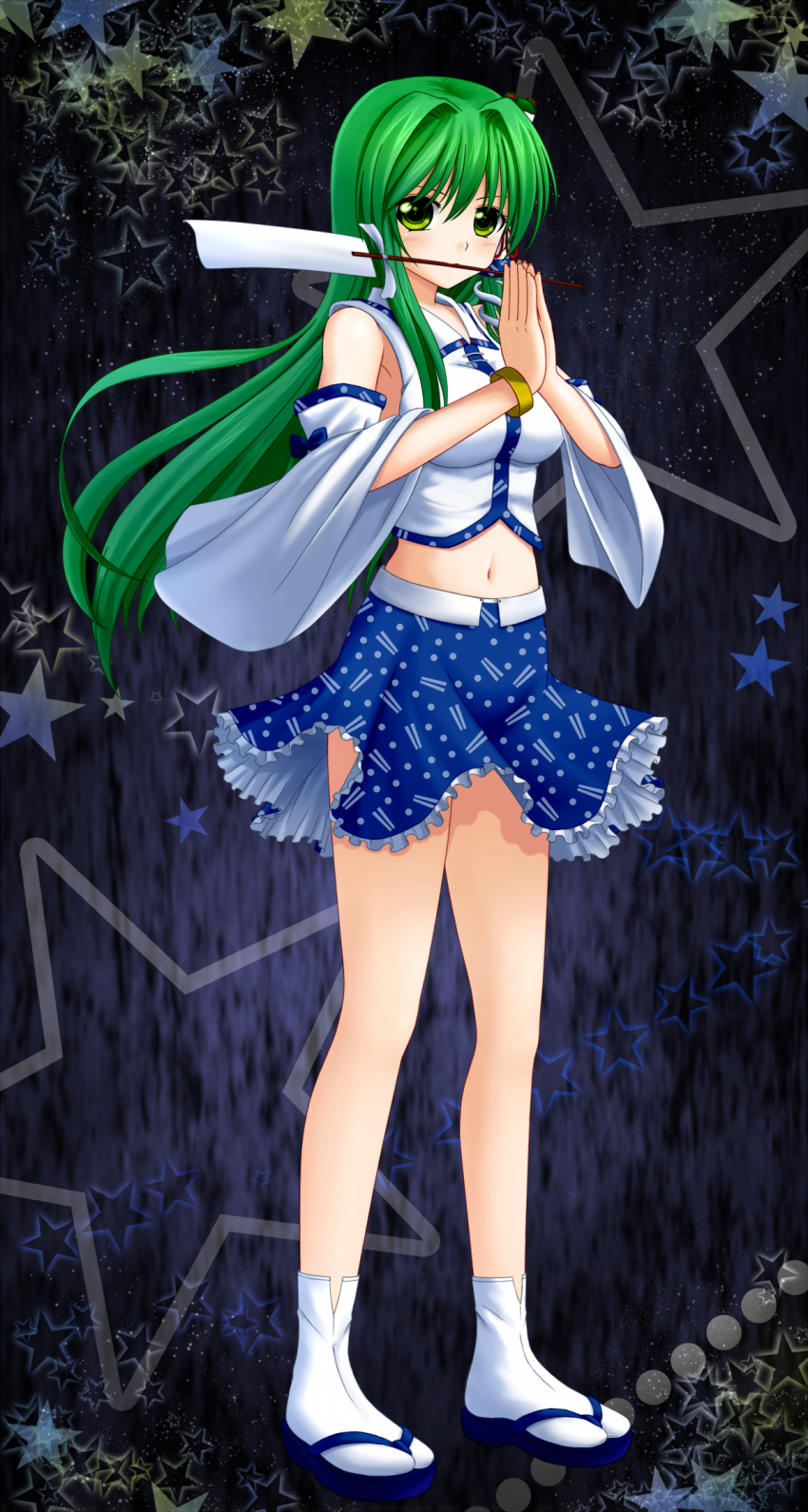 bare_shoulders blush breasts chien_zero detached_sleeves footwear gohei green_eyes green_hair hair_ornament hair_tubes highres kochiya_sanae long_hair midriff miniskirt miori_(alice_parade) navel sandals skirt snake socks solo star tabi touhou white_legwear wind_lift