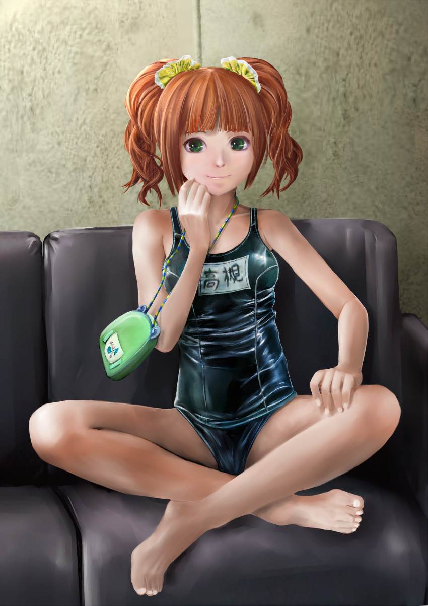 absurdres bare_shoulders brown_hair couch green_eyes highres idolmaster looking_at_viewer navel one-piece_swimsuit orange_hair pouch school_swimsuit scrunchie sitting smile solo swimsuit takatsuki_yayoi twintails zi-dabu