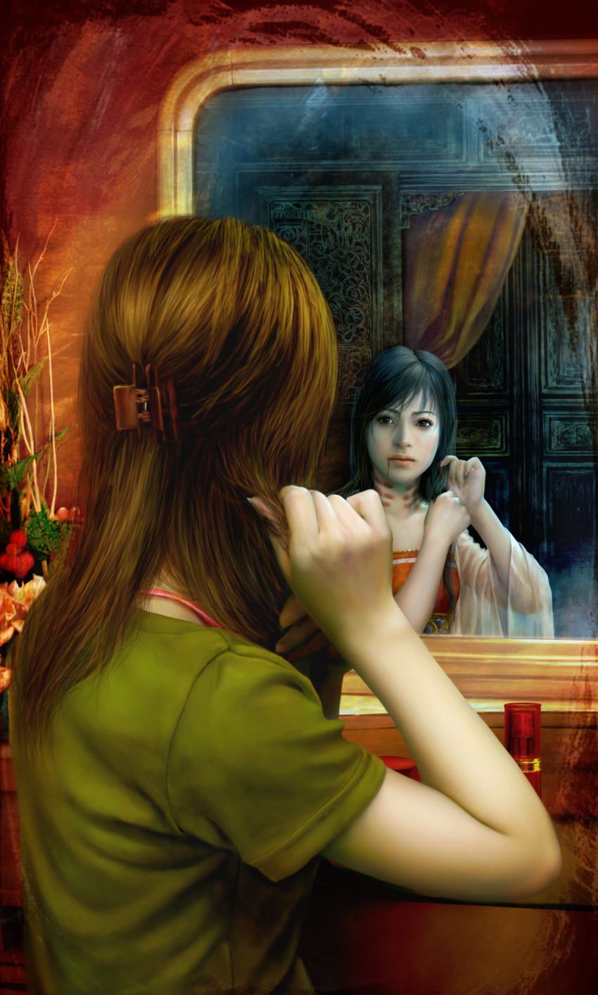 black_hair blood brown_hair clara_v creepy different_reflection from_behind highres mirror original photorealistic reflection tears