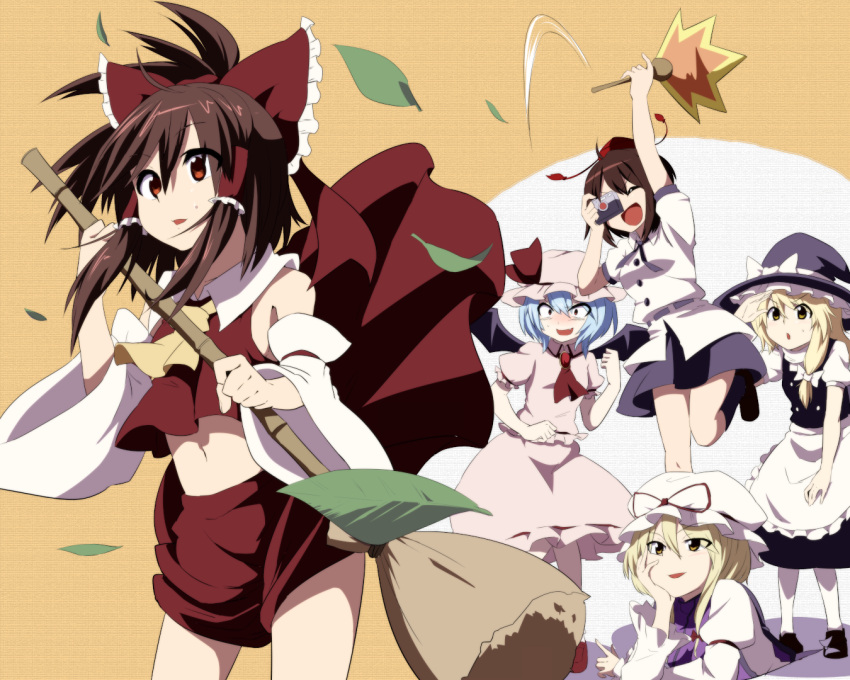 apron ascot bamboo_broom bat_wings black_dress blonde_hair blue_hair blush bow broom brown_eyes brown_hair camera detached_sleeves dress fan fang gap hair_bow hair_tubes hakurei_reimu hat kirisame_marisa leaf leon_7 midriff multiple_girls navel open_mouth red_eyes remilia_scarlet shameimaru_aya shirt skirt skirt_flip smile tabard touhou white_dress wind_lift wings witch_hat yakumo_yukari yellow_eyes