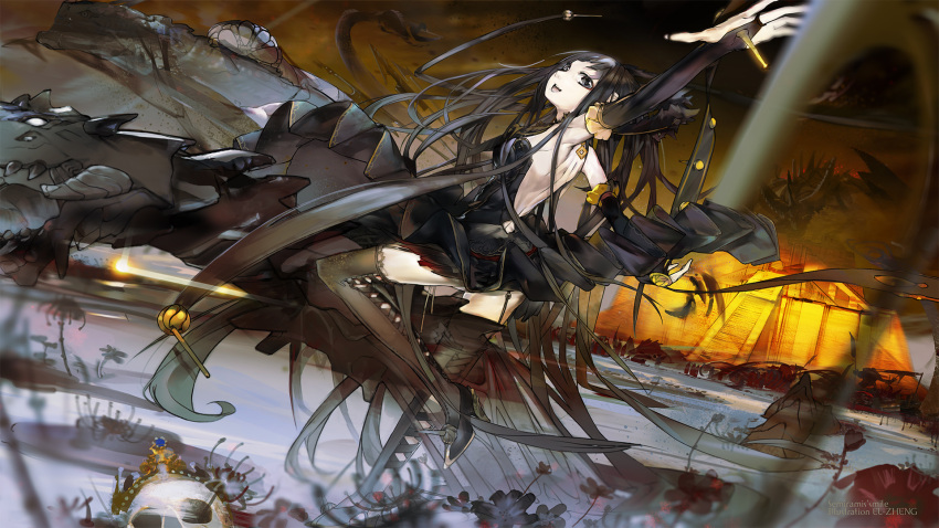 assassin_of_red bare_back bare_shoulders black_eyes black_hair bridal_gauntlets crown detached_sleeves dragon dress el-zheng elbow_gloves fate/apocrypha fate/stay_night fate_(series) garter_straps gloves high_heels highres long_hair semiramis shoes skull solo thighhighs very_long_hair widescreen