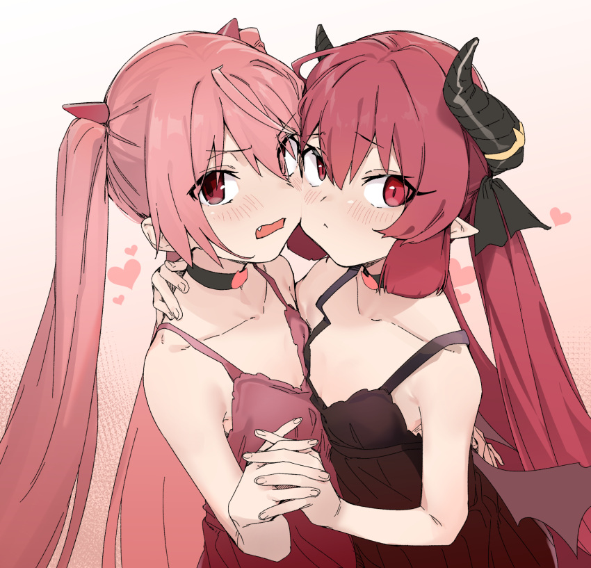 2girls :&lt; bangs bare_arms bare_shoulders black_dress blue_archive blush brown_background brown_wings closed_mouth collarbone commentary_request crossover curled_horns dress eyebrows_visible_through_hair eyes_visible_through_hair fang gradient gradient_background hair_between_eyes heart hidan_no_aria highres holding_hands horns interlocked_fingers junko_(blue_archive) kanzaki_h_aria long_hair looking_at_viewer low_wings multiple_girls open_mouth pink_hair pointy_ears red_dress red_eyes redhead sleeveless sleeveless_dress twintails uno_ryoku very_long_hair white_background wings
