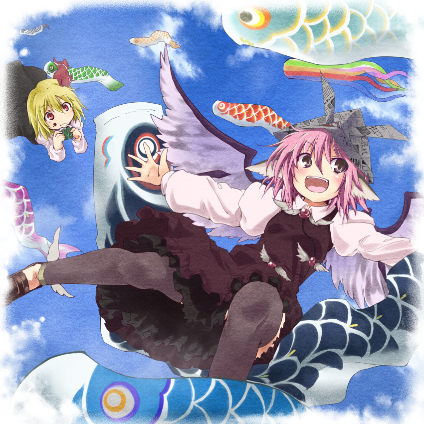 alternate_headwear amagase_lyle animal_ears ankle_wings black_dress blonde_hair blue_sky blush brown_dress cloud dress eating fish flying food food_on_face grey_eyes grey_legwear helmet highres multiple_girls mystia_lorelei open_mouth outstretched_arms paper_hat pink_hair red_eyes rumia sky smile thigh-highs thighhighs touhou wings youkai