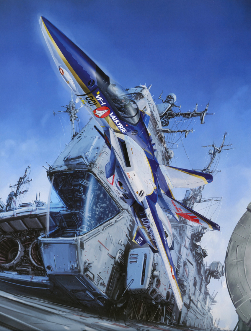 absurdres airplane choujikuu_yousai_macross cloud cockpit flying helmet highres jet macross mecha official_art oldschool pilot pilot_suit radar realistic scan science_fiction sdf-1 space_craft tenjin_hidetaka u.n._spacy vf-1