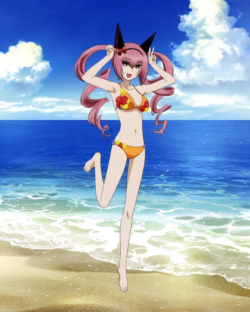 :d armpits arms_up barefoot beach bikini blush bow cat_ears cloud drill_hair faris_nyannyan flower hair_bow hairband highres leg_up legs long_hair navel ocean official_art open_mouth paw_pose pink_eyes pink_hair sky smile solo steins;gate swimsuit twintails v water