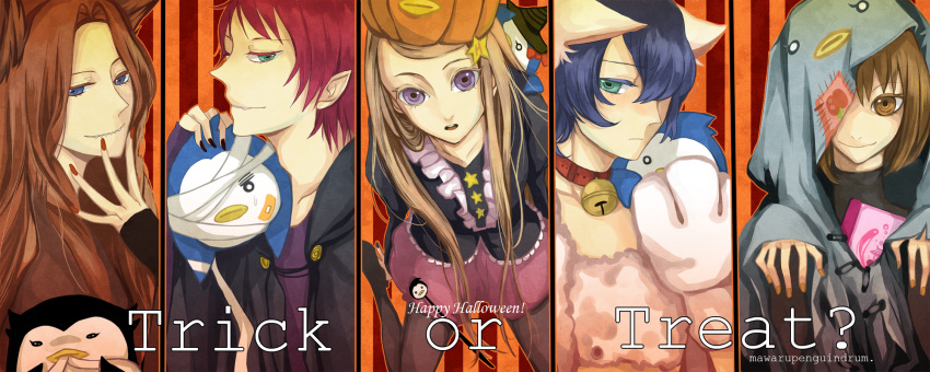 bird blue_eyes blue_hair brown_eyes brown_hair diary esmeralda_(mawaru_penguindrum) green_eyes halloween happy_halloween hat highres mawaru_penguindrum natsume_masako oginome_ringo penguin_1-gou penguin_2-gou penguin_3-gou pumpkin purple_eyes red_hair redhead siblings sorakooo takakura_himari takakura_kanba takakura_shouma trick_or_treat violet_eyes witch_hat