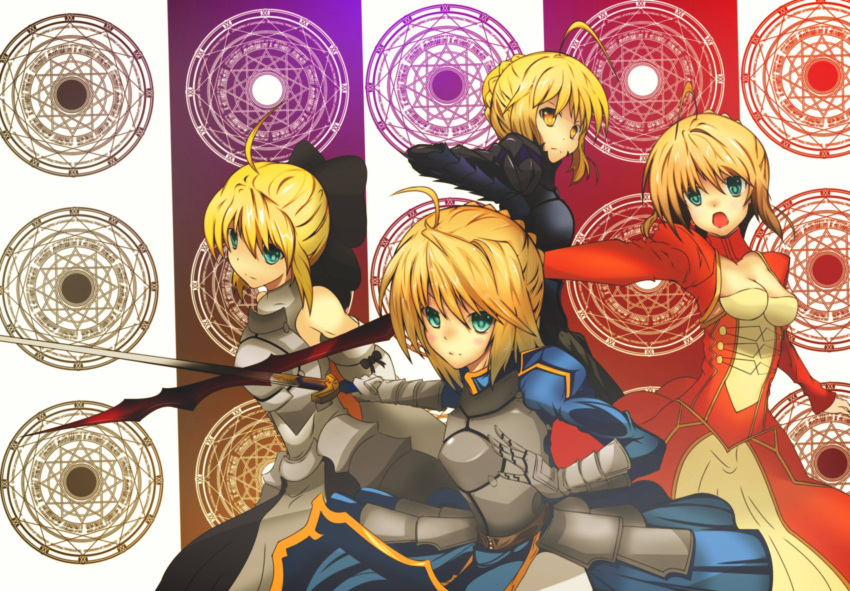 absurdres aestus_estus ahoge armor armored_dress bare_shoulders blonde_hair bow breasts cleavage dress epaulettes excalibur fate/extra fate/stay_night fate/unlimited_codes fate_(series) green_eyes hair_bow hair_ribbon highres koi-sora-555 magic_circle multiple_girls multiple_persona ponytail ribbon saber saber_alter saber_extra saber_lily sword weapon yellow_eyes