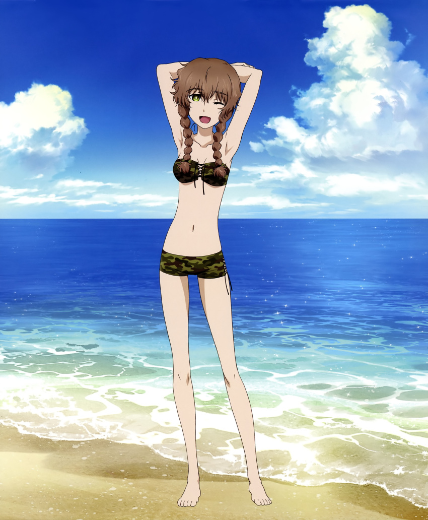 ;d amane_suzuha armpits arms_behind_head arms_up bandeau barefoot beach bikini blush braid breasts brown_hair camouflage cleavage cloud green_eyes highres legs navel ocean official_art open_mouth shorts sky smile solo steins;gate twin_braids water wink