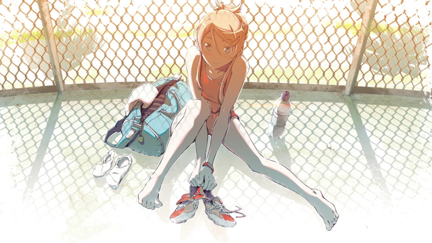 bag barefoot between_thighs bottle duffel_bag eyecatch gym_bag gym_uniform hair_ornament hair_up hairclip highres kousaka_kirino koyama_shigeto legs looking_at_viewer official_art ore_no_imouto_ga_konna_ni_kawaii_wake_ga_nai screencap sitting smile solo sunlight wallpaper