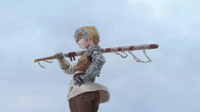 blonde_hair from_below gauntlets gloves hand_on_hip highres kaze_no_tani_no_nausicaa kushana over_shoulder sheath sheathed short_hair sky solo standing studio_ghibli sword sword_over_shoulder tnt_(aaaazzzz) weapon weapon_over_shoulder
