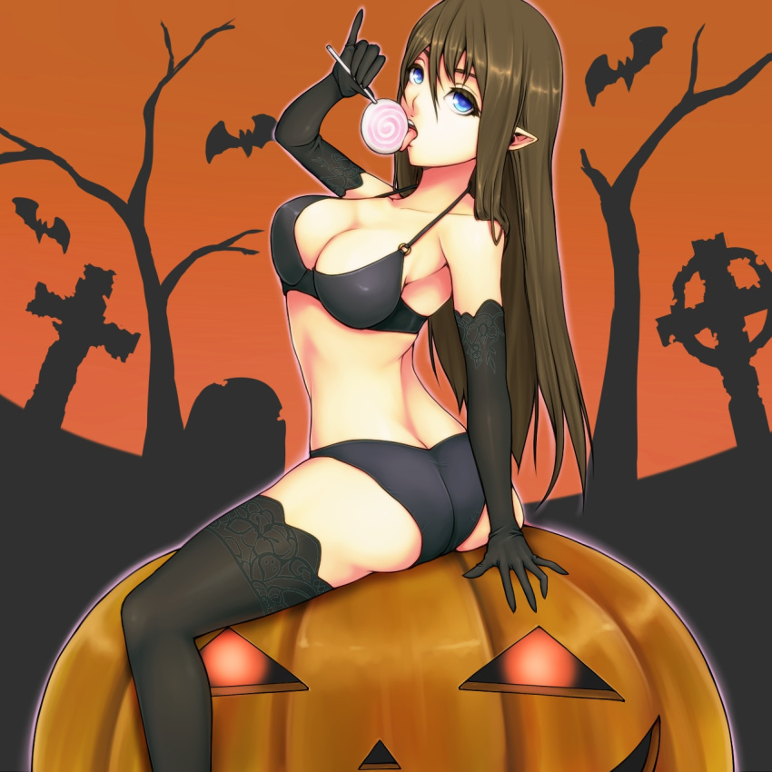 ass bare_shoulders black_legwear black_panties blue_eyes bra breasts brown_hair butt_crack candy cleavage elbow_gloves gloves halloween highres lace lace-trimmed_thighhighs large_breasts licking lingerie lollipop long_hair looking_at_viewer looking_back o-ring_top original panties pointy_ears pumpkin solo suzuki_(pixiv1277943) thighhighs underwear