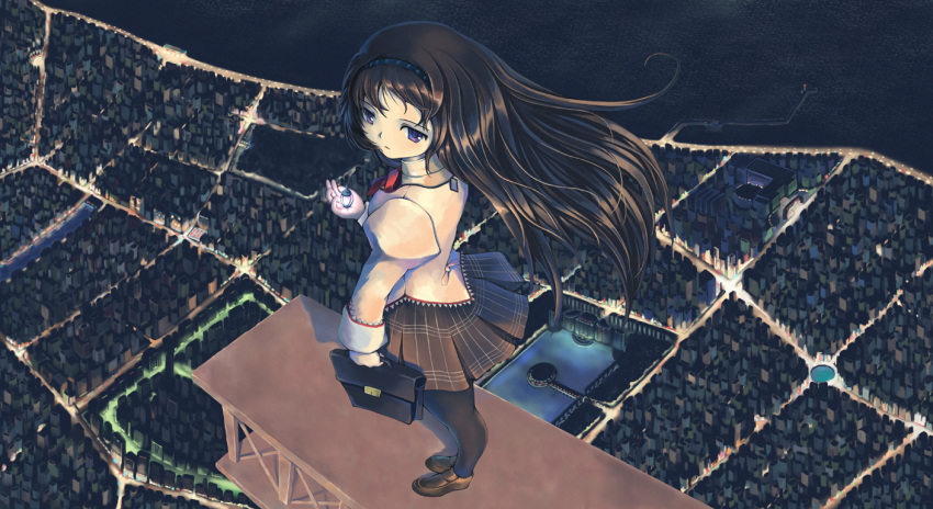 artist_request beam black_hair briefcase city cityscape foreshortening from_above hairband long_hair looking_back magical_girl mahou_shoujo_madoka_magica pantyhose purple_eyes ranranloo school_uniform shoes skirt solo soul_gem source_request standing violet_eyes